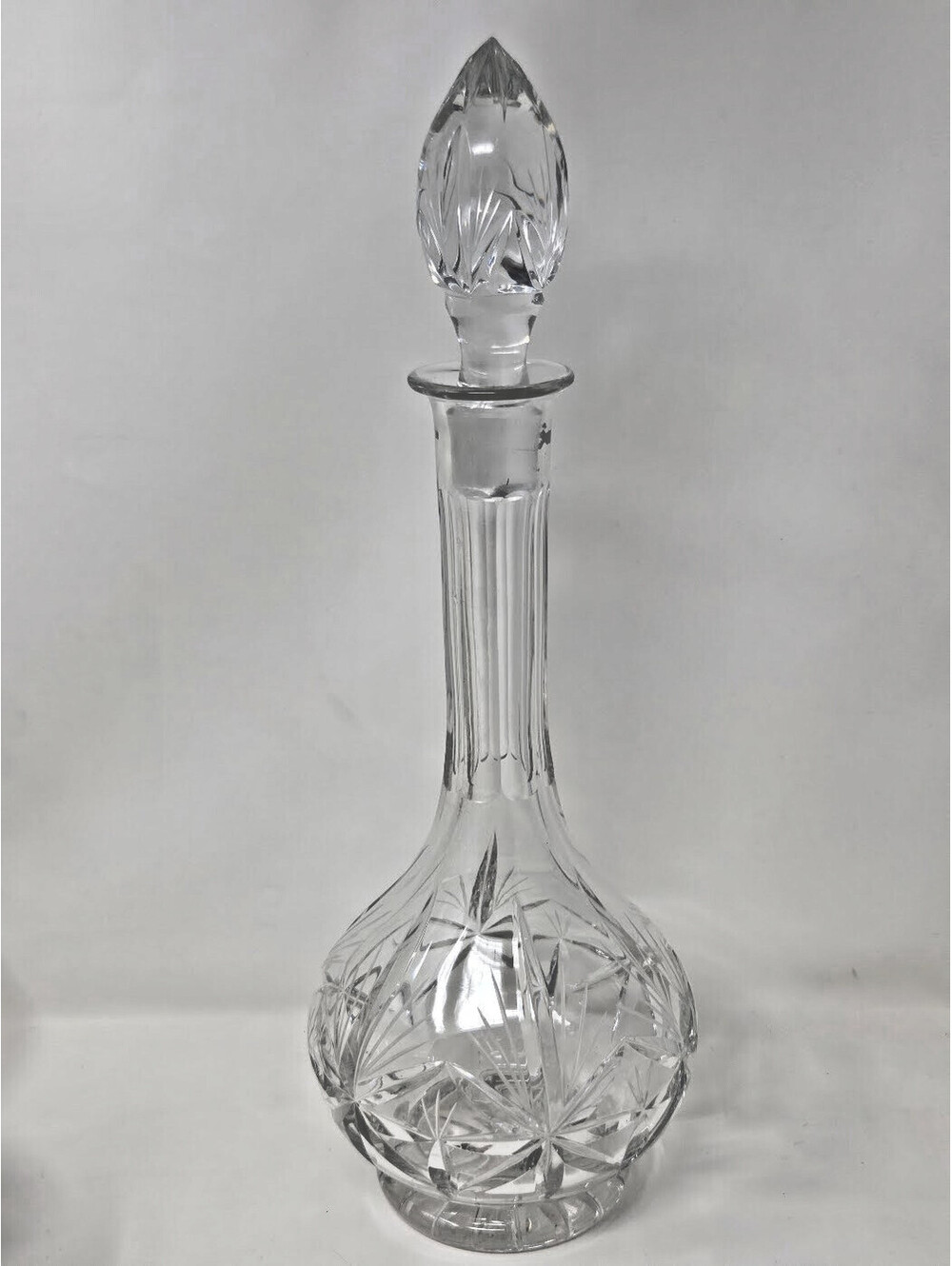 Vintage Cut Crystal Glass Decanter With Stopper Tall Fluted Neck Starburst Base